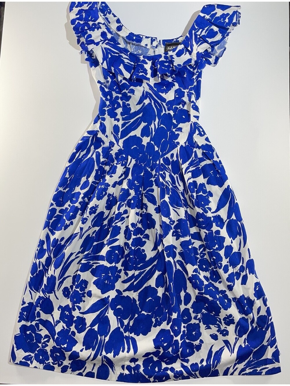 S.L. Fashions Blue White Floral Fit & Flare Sun Dress Off Shoulder Sz 10 Ruffle